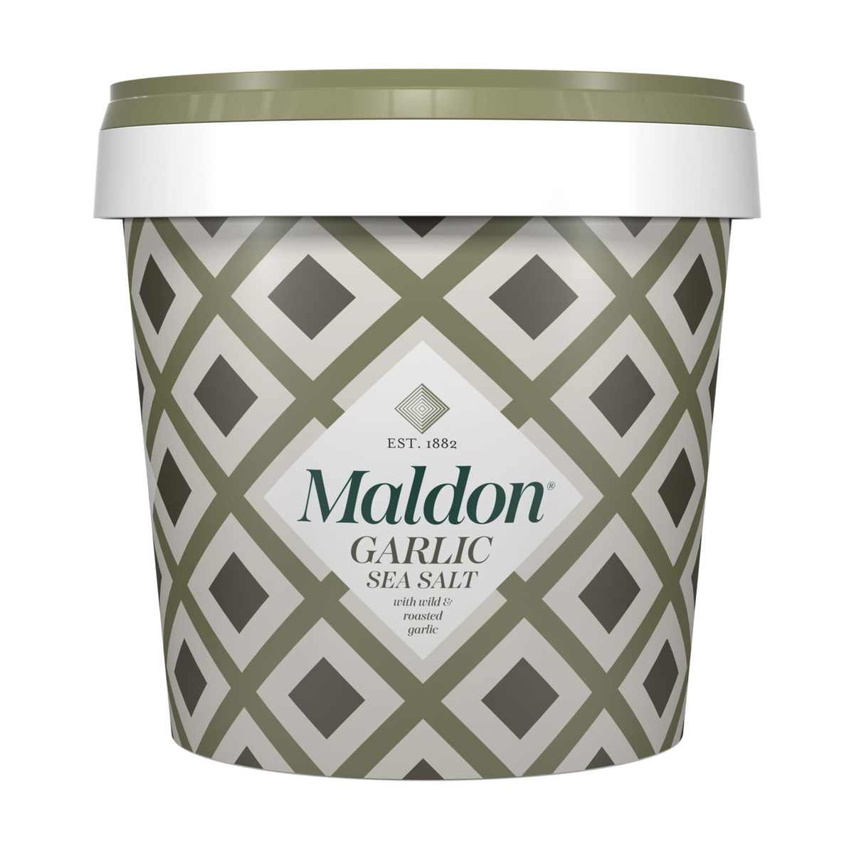 Maldon havssaltflingor MED VITLÖK 500g i en hink (med vild vitlök och rostad vitlök)