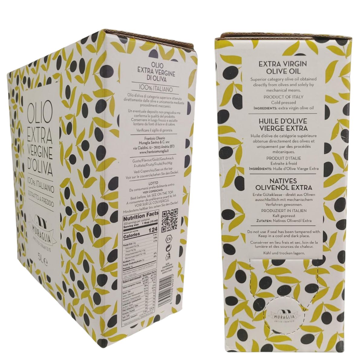Italiensk extra virgin olivolja "Muraglia Pitted" bag-in-box 5 L (pressad utan olivstenar, intensivt fruktig)