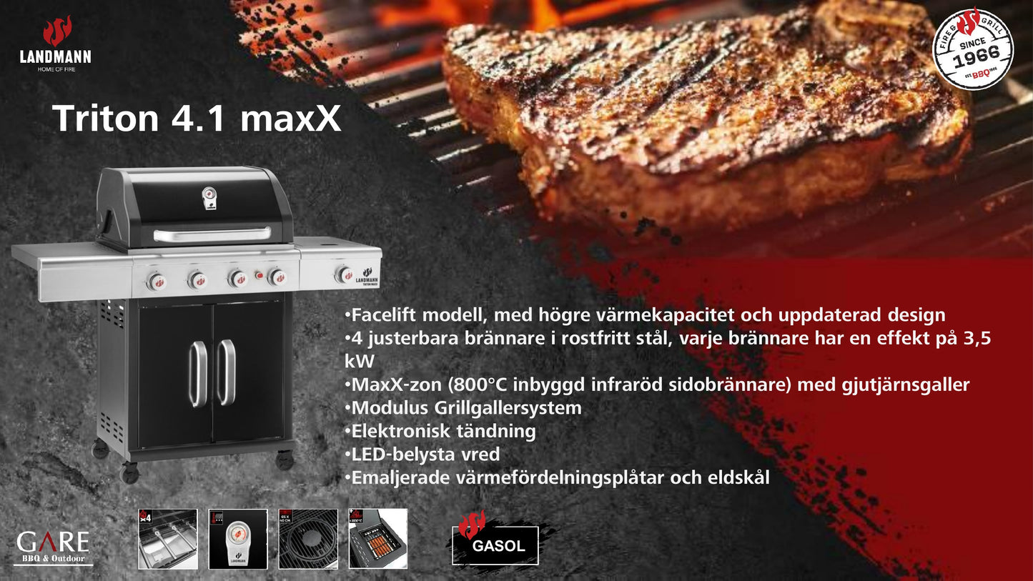 Landmann Gasolgrill Triton 4.1 maxX Svart 🔥 Kampanj: Köp Landmann Triton 4.1 maxX och få Landmann Regulatorset + Landmann Grillöverdrag Premium XL på köpet – värde 1 298 kr!