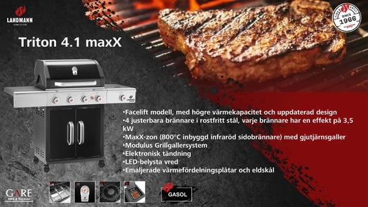 Landmann Gasolgrill Triton 4.1 maxX Svart 🔥 Kampanj: Köp Landmann Triton 4.1 maxX och få Landmann Regulatorset + Landmann Grillöverdrag Premium XL på köpet – värde 1 298 kr!