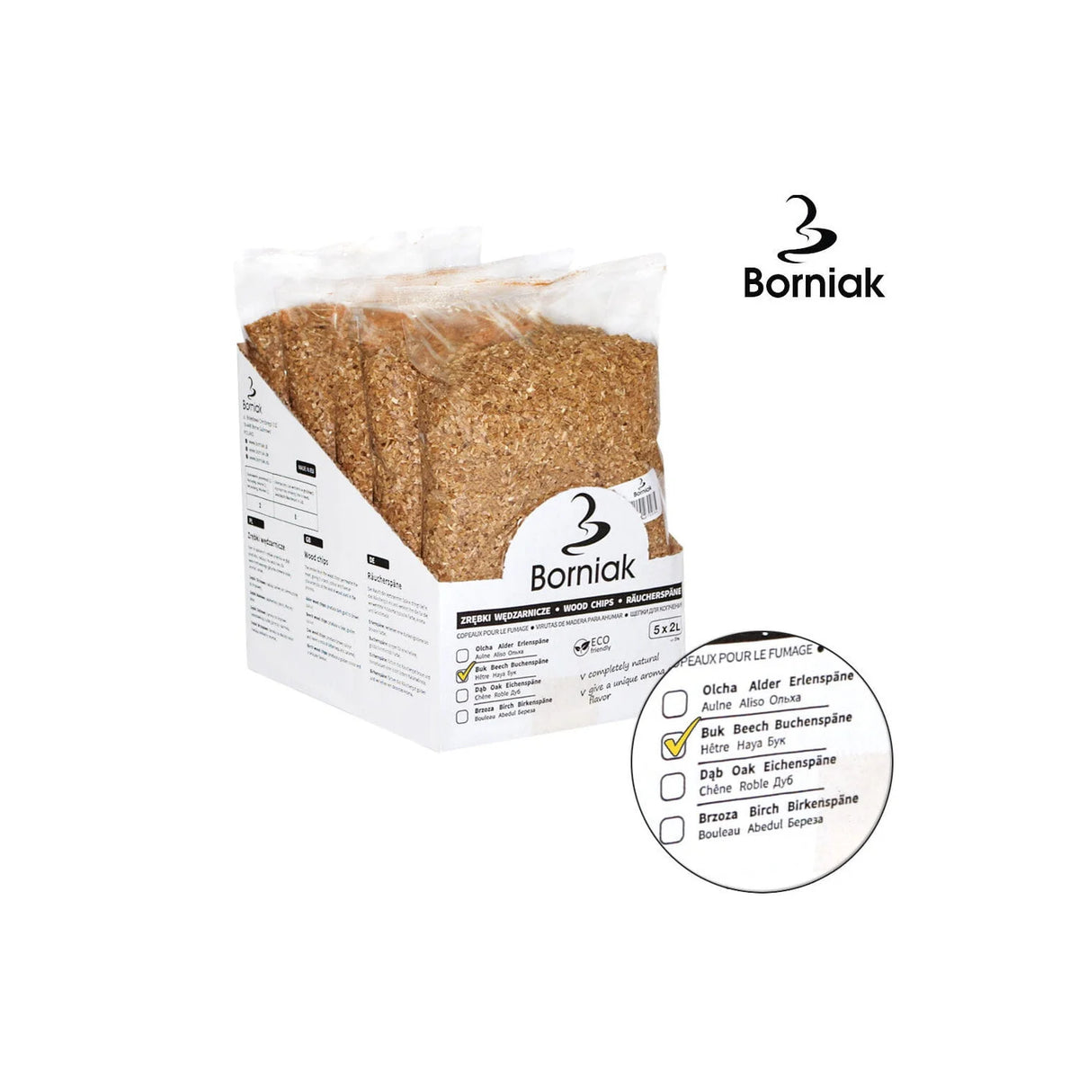 Borniak rökspån av bok, 5 x 2 liter (Medium pack)