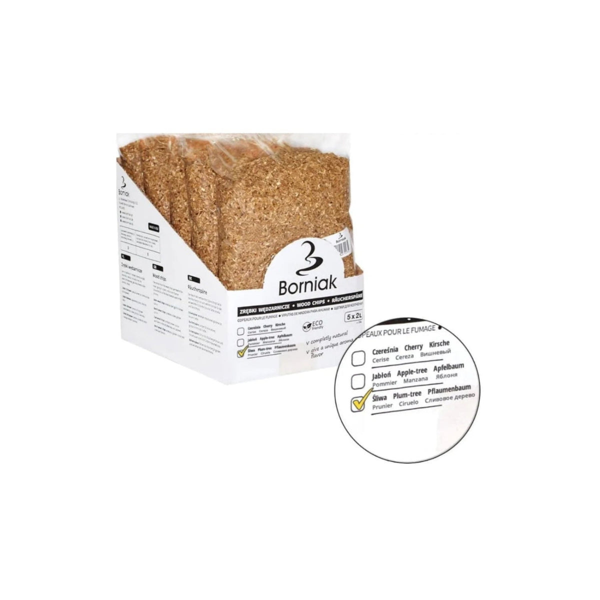 Borniak rökspån av plommon, 5 x 2 liter (Medium pack)