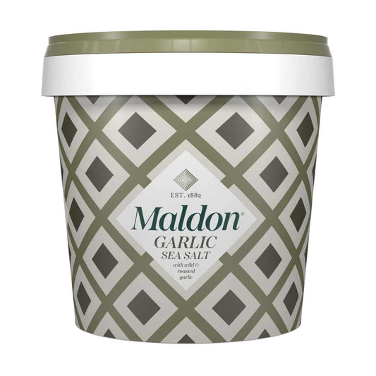 Maldon havssaltflingor MED VITLÖK 500g i en hink (med vild vitlök och rostad vitlök)